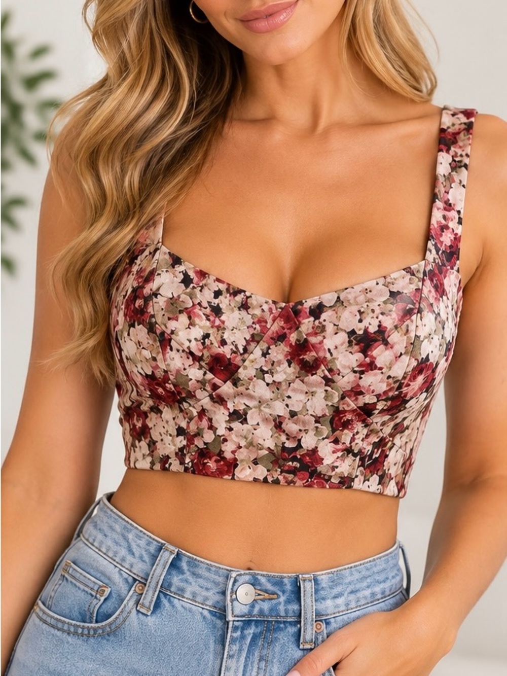 Floral Sweetheart Crop Top - Pink Red Floral
